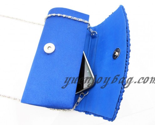 Fold over ruffled Blue satin evening bag open view