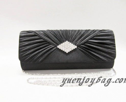 Black satin pleated evening bag with diamond