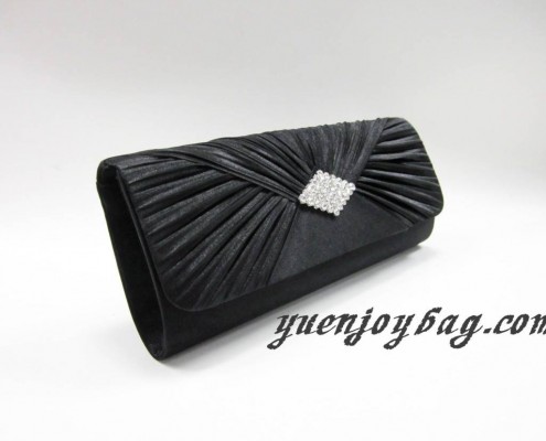 Black satin pleated evening bag with diamond side view Black satin pleated evening bag with diamond side view