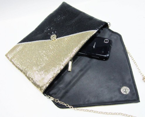 Black Gold metal sequin evening bag - open view Black Gold metal sequin evening bag - open view