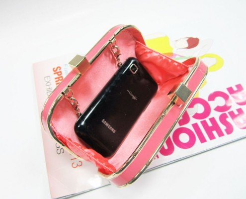 Candy color patent PU leather evening bag with chain - lining view Candy color patent PU leather evening bag with chain - lining view