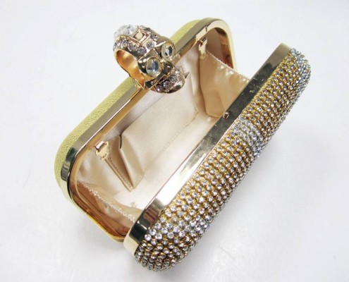 Gold British flag diamond evening purse with skull metal frame - lining view