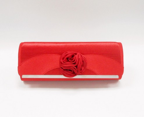 Red pleated satin flower evening purse clutch bag