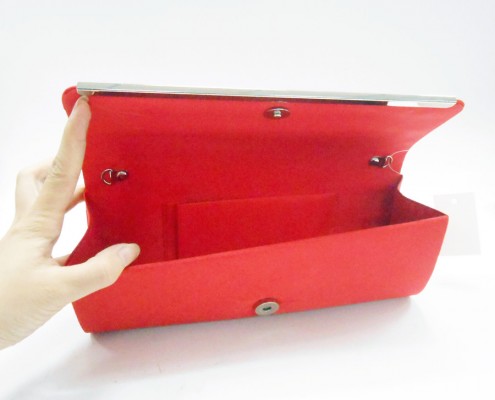 Red pleated satin flower evening purse clutch bag - lining view Red pleated satin flower evening purse clutch bag - lining view