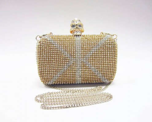 Skull clasp metal frame rhinestone diamond British UK flag clutch bag