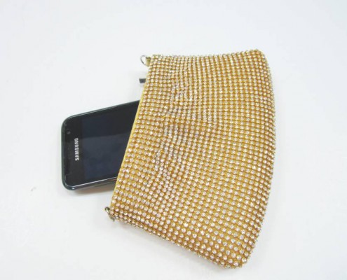 Small gold pouch ladies clutch purse with crystal rhinestone - contrast with mobile