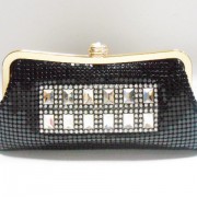Black aluminium sequin metal frame clutch bag with crystal rhinestone