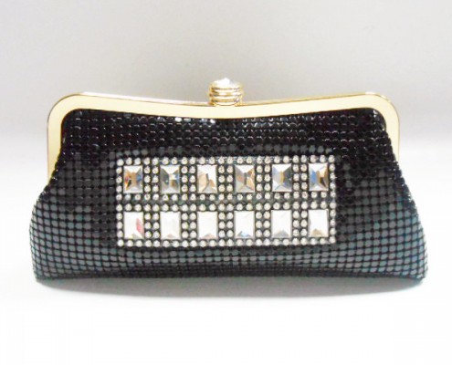 Black aluminium sequin metal frame clutch bag with crystal rhinestone
