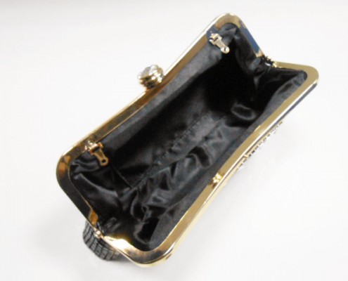 Black aluminium sequin metal frame clutch bag with crystal rhinestone - lining view Black aluminium sequin metal frame clutch bag with crystal rhinestone - lining view