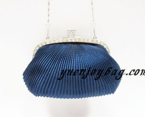 Blue pleated satin rhinestone kiss-lock metal frame bridesmaid evening purse
