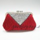 Red pleated satin crystal rhinestone diamond metal frame clutch purse from China supplier
