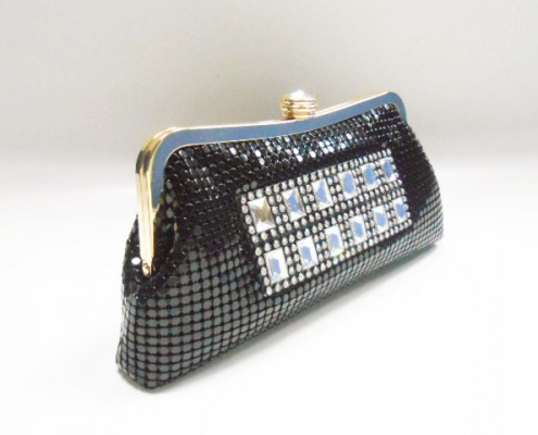 Women's simple black evening bag with metal mesh - side view Women's simple black evening bag with metal mesh - side view