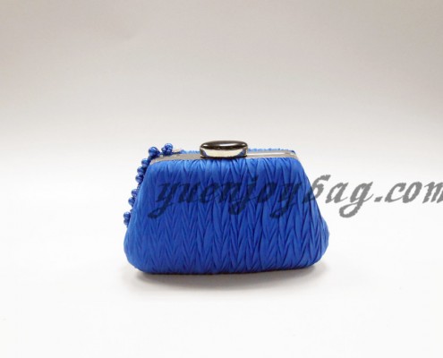 Blue pleated satin bead pearl diamond rhinestone metal frame evening bags - back view