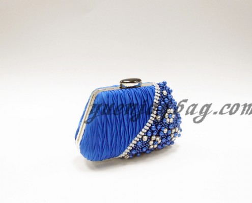 Blue plicated satin bead pearl diamond rhinestone metal frame evening bags