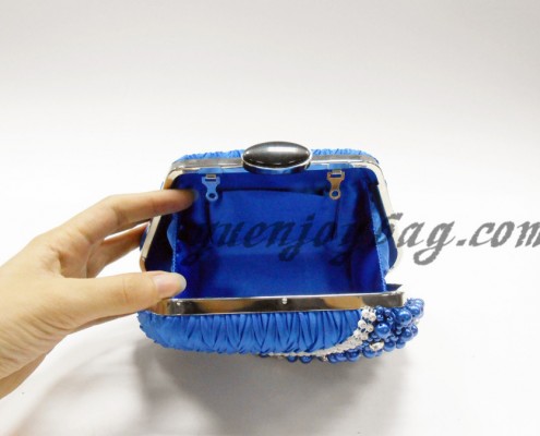 Blue plicated satin bead pearl diamond rhinestone metal frame evening bags - lining view