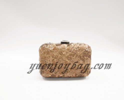 Brown shiny bling sequins material small ladies evening purse clutch bag with metal frame box hardcase