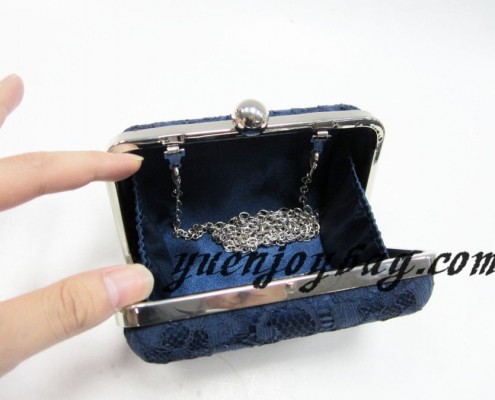 China Blue lace satin evening purse clutch bag with metal frame - lining view China Blue lace satin evening purse clutch bag with metal frame - lining view