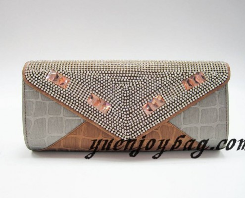 Gray and brown plaid PU leather evening clutch bag with crystal rhinestone diamond