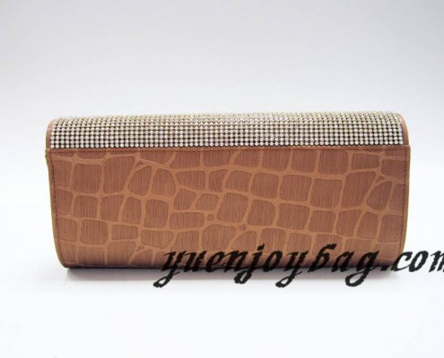 Gray and brown plaid PU leather girls' evening clutch bag with crystal rhinestone diamond - back view Gray and brown plaid PU leather girls' evening clutch bag with crystal rhinestone diamond - back view