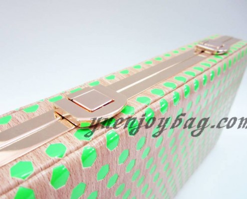 Vintage brown wooden PU briefcase evening clutch bag with gold metal frame - top view