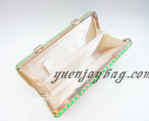 Vintage brown wooden PU leather green spot pattern briefcase evening clutch bag - lining view