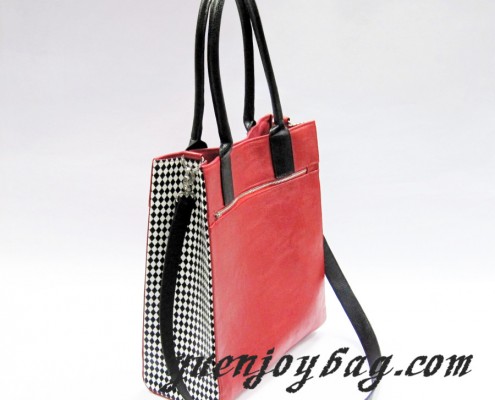 Black White plaid Red PU leather totes handbag
