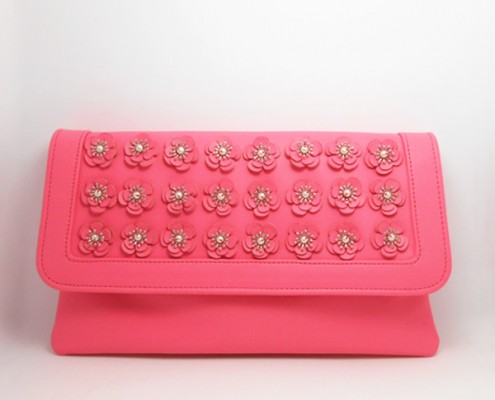 Lady's Pink pu leather pearl flower bridesmaid clutch bag