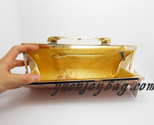 Women's Orange Rhinestone Clasp Frame Crystal Rhinestone Gold PU Leather Evening Clutch Purse - lining view