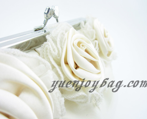 Ladies Floral Decorated Satin and Organza Wedding Clutch Bag with Bead Chain - detail view Ladies Floral Decorated Satin and Organza Wedding Clutch Bag with Bead Chain - detail view