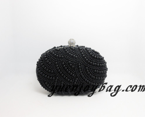 Ladies' black bead pearl oval metal frame clutch