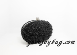 Women black bead oval metal frame evening bag with diamond clasp
