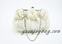 Women's Floral Decorated Satin and Organza Wedding Clutch Bridal Bag with Bead Chain